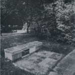 A monochromatic artwork depicting a photograph of a bench in a park over which the artist has drawn a geometrical structure outlining it
