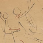 Artwork made on tinted wasli paper with gestural strokes in grey and red with gouache colour with each stroke having multiple smaller strokes within it depicting five minimalistic human figures in the composition