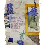 A colourful painting on Nepali paper pasted on three layers of wasli paper depicting patterns, motifs, architecture, portraits and text that represents the nostalgia of the artist for her ancestral lineage and home in Bangladesh