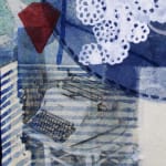A painting primary in blue tones on Nepali paper pasted on three layers of wasli paper depicting patterns, motifs, architecture, portraits and text that represents the nostalgia of the artist for her ancestral lineage and home in Bangladesh