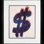 Andy Warhol screenprint of a dark blue US dollar sign with red highlights and signed in the lower right corner in a black frame
