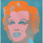 screenprint of Andy Warhol's Marilyn Monroe 29 bright orange hair, blue background, eye brows and lips, pink face