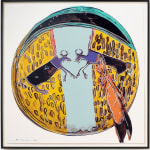 Andy Warhol screenprint of a Native Indian Shield with two abstract buffalos and an orange feather in black frame