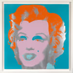 screenprint of Andy Warhol's Marilyn Monroe 29 bright orange hair, blue background, eye brows and lips, pink face in white frame