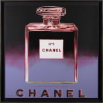 Andy Warhol screenprint Chanel No5 perfume bottle, Chanel logo on black to purple background. framed