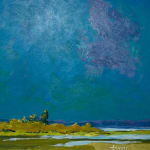 contemporary landscape painting with big blue sky over coastal maine landscape
