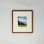 painting, art, maine, sky, clouds, miniature, green, blue, trees, field, summer, framed
