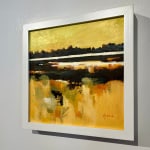 contemporary landscape of reflection on water bright yellow and dark browns in white frame