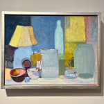 abstract art, flowers, vase, modern, painting, still life, maine artist, lamp, bottle, bowls, vessel, yellow, blue, painting
