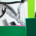 abstract painting with green blocks in different shades and black and white drips