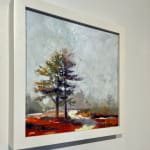 contemporary landscape painting of pine trees and red blueberry filed in front of a grey sky framed in white