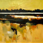contemporary landscape of reflection on water bright yellow and dark browns