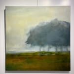 abstract painting of grey trees in a green filed foggy day