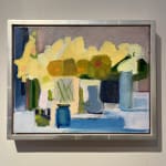 framed, abstract art, flowers, vase, modern, painting, still life, maine artist, yellow, daffodils, blue