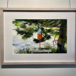 framed painting of buoy in a pine tree above a bench near a beach in Maine. Waves are crashing in the background.