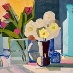 abstract art, flowers, vase, modern, painting, still life, maine artist, vase, vessel, bottle, blue, pink, orange