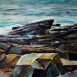 art painting maine shoreline rocks ocean blue brown orange
