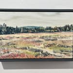 maine, landscape, pink, trees, grass, art, painting, miniature, framed