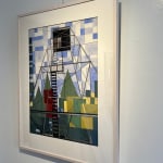 framed watercolor painting on wall of geometric shaped trees and sky looking up at a water tower