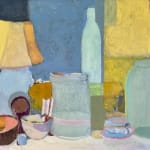 abstract art, flowers, vase, modern, painting, still life, maine artist, lamp, bottle, bowls, vessel, yellow, blue, painting