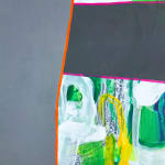 abstract painting with grey blocks and green white and yellow drips