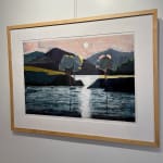maine, acadia national park, nightscape, reflection, water, pond, mountains, collage, pink, framed, art on wall