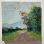 landscape, maine, road, trees, rural, mountains, travel, green, blue, pink, paste, art, painting, on a wall
