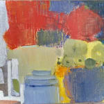 abstract art, flowers, vase, modern, painting, still life, maine artist, red, blue, purple