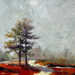 contemporary landscape painting of pine trees and red blueberry filed in front of a grey sky