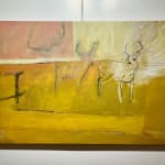 art, painting, maine, contemporary, modern, deer, buck, fence, abstract, pink, orange, yellow