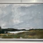 landscape, green, grey sky, maine, art, painting, loose, soft, calm, framed