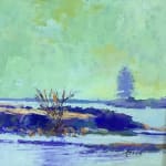 contemporary landscape painting of tidal coast with tree in back ground greens and blues