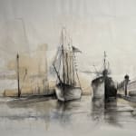watercolor of masted ships in port black and white