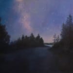 art, painting, nightscape, horizon, dark, dusk, moody, maine, schoodic, acadia national park, park loop road, road, trees, starry sky, stars, purple, black, night scene