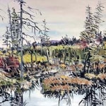 maine, mount desert island, mdi, green, water, trees, reflection, art, painting, miniature, small