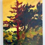 painting of red tree with orange sunset sky in the background