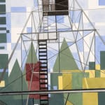 watercolor painting of geometric shaped trees and sky looking up at a water tower