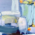 abstract art, flowers, vase, modern, painting, still life, maine artist, purple, yellow, blue