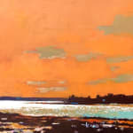 bright orange contemporary landscape painting of maine coast with island and trees in distance