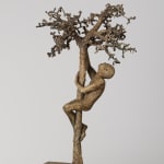 Monumental bronze sculpture “Eva’s Apple” by Lieven D’Haese, featuring a figure climbing a textured tree, designed for garden or outdoor placement.