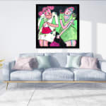 art thema, artthema, art, thema, French girls, beautiful, coquine, shopping, pink, green, girl party, SIMSA PATRICIA, Painting on cavas, Figurative painting, contemporary art, colorful, joyful, Art Thema Heyi Gallery, Brussels, home interior art design, salon decoration, Gallery, Brussels, carry le rouet