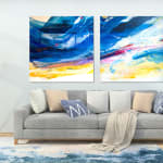 morrison, sea allegory, mer, vague, blue sea, bleue, wave, abstract painting, peinture abstraite, acrylic, abstract, yellow, art thema, heyi gallery, art, brussels, salon decoration, interior home art design