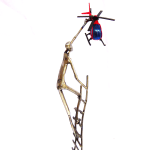 helicopter, sweet escape, ladder, steel sculpture, joy, person, figurative art, caroline brisset, contemporary art, solitude, covid-19, art thema heyi gallery, brussels