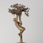 Sculpture monumentale “Eva’s Apple” de Lieven D’Haese, figure en bronze grimpant à un arbre texturé, adaptée pour un jardin ou un espace extérieur.
