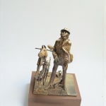 bronze sculpture, Passé Présent, René Julien, Belgian artist, man next to his bicycle, bicycle with horse head, figurative bronze, contemporary art, fine art piece, narrative sculpture, patinated bronze, art collector piece, monumental sculpture, Art Thema Gallery