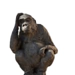 Contemporary gorilla bronze sculpture by Bast, expressive animal figure inspired by the Thinker pose, deep black patina, museum-quality collectible artwork