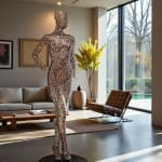 Maia, hedendaagse sculptuur in geborsteld roestvrij staal van Gregory Castiglia, geplaatst in een tuin, grafisch opengewerkt kunstwerk voor buitenruimtes.