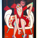 French, girl, red dress, canape, beautiful girl, contemporary figurative art, acrylic painting, love, romantic, art thema heyi gallery, brussels, home interior art design