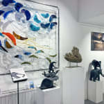 the story of water contemporary art wall installation glass art mixed media maison Fabienne Decornet interior design abstract art blue fishes swimming in the sea Art Yi Gallery Brussels art gallery
