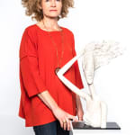 windy woman sculpture Hedwige Leroux contemporary sculpture bronze sculpture woman with hair blowing into the wind interior design at hotel Barsey by Warwick Art Yi gallery Brussels art gallery